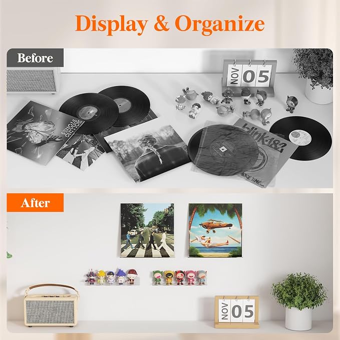 Lifewit Narrow Acrylic Floating Shelves for Vinyl Record 12", Clear 6 Pack | Wall Shelf for Nail Polish, Book, Picture, Makeup, Album Covers Display Organizer for Bedroom, Living Room, Bathroom Decor - Image 4