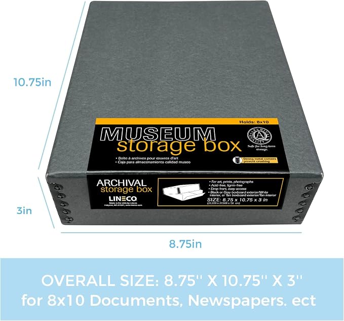 Lineco Museum Archival Storage Box, Drop Front, 8.75x10.75x3 in, Gray | Acid-Free with Metal Edge, Preserves Picture Longevity, Organize Photos, Newspapers, Prints, Documents, Crafts, DIY - Image 5