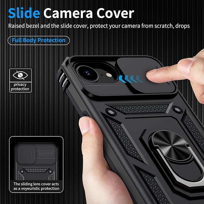 for iPhone 17e Case & iPhone 16e Case with 2X HD Screen Protector & Slide Camera Cover & Rotated Ring Kickstand, Rugged Heavy Duty Protective Phone Case for iPhone 17e/16e 6.1 inch, Black - Image 4