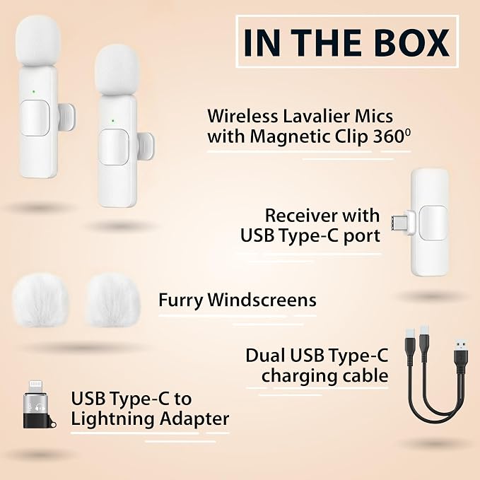 Wireless Lavalier Microphone for iPhone & Android, 2 Pack White Mini Mic, USB-C/Lightning Clip-On Microphone, AI Noise Cancellation, 70FT Range for TikTok YouTube Podcast Vlog - Image 3