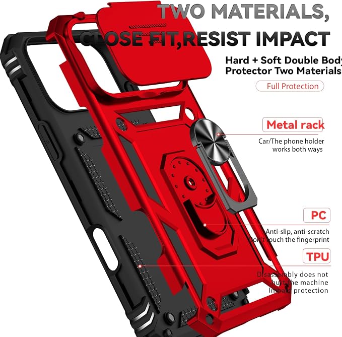 SunStory Phone Case for iPhone 17 Pro Max Case with HD Screen Protector & Slide Camera Cover & Rotated Ring Kickstand, [Military-Grade] Phone Case for iPhone 17 Pro Max, Red - Image 8