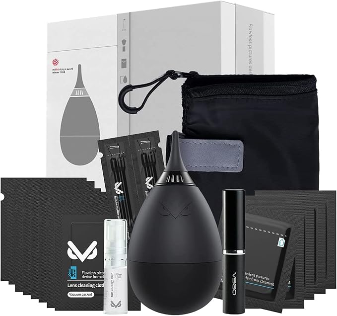 VSGO Professional Lens Cleaning Kit with Air Blower Folding Pouch Microfiber Lens Cloth Wet Wipes Lens Cleaner Metal Brush Cotton Swab Compatible for Optical Camera Lens Phone Laptop Cleaning(VS-A2E) by VSGO