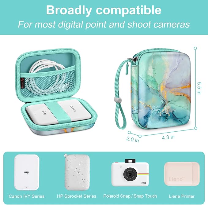 FINTIE Protective Case for Canon Ivy 2 Mini, CLIQ2 & CLIQ+2 Photo Printer | Shockproof Hard Shell Carrying Case, With Wrist Strap, Pocket Camera Storage, Charger Cable Organizer, Emerald Marble - Image 2
