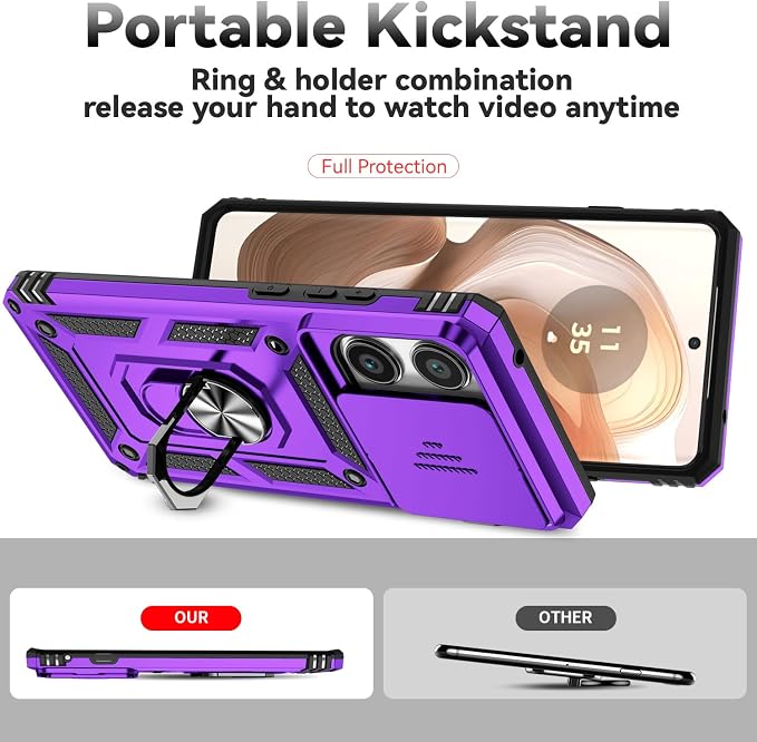 SunStory Compatible with Motorola Moto Edge 2025 Case with HD Screen Protector & Slide Camera Cover & Rotated Ring Kickstand, [Military-Grade] Phone Case for (Purple, Moto Edge 2025) - Image 2