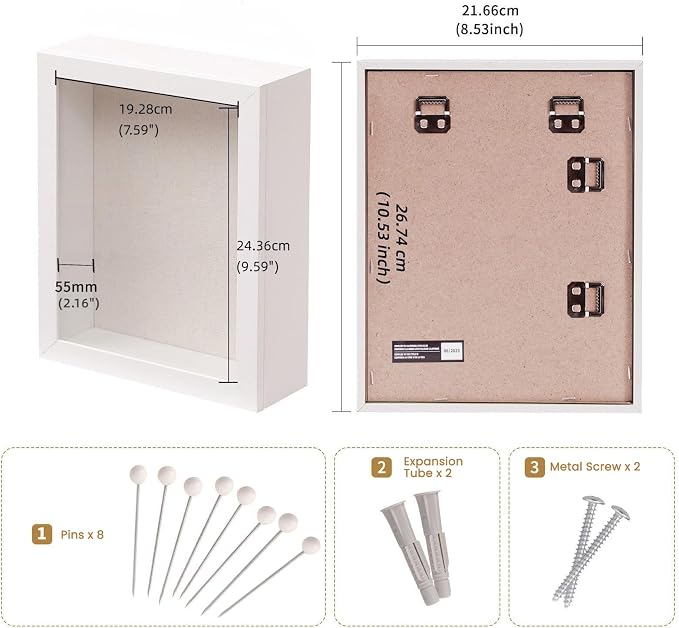 Muzilife 8x10 Shadow Box Wood Picture Frame, 2.16 Deep, Real Glass, White | FSC-Wood, Magnetic Door, Linen Interior & Pins, Vertical, Horizontal Wall Hanging, Display Case Frame for Photos & Keepsakes - Image 3