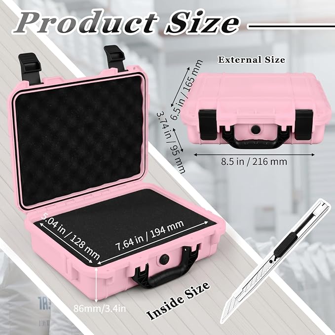 Relaxweex 1 Pcs Waterproof Hard Case with DIY Customizable Foam Insert Portable Protective Case with Knife for Camera Drones Equipments Tools Test Instruments(Pink,8.5 x 6.5 x 3.7 Inch) - Image 2