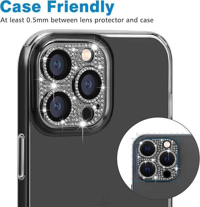 for iPhone 13 Pro & iPhone 13 Pro Max Camera Lens Protector, Bling 3D Rhinestone Diamond 9H Tempered Glass Camera Cover Anti Scratch Shockproof Metal Lens Screen Full Protective Cover -Graphite - Image 4