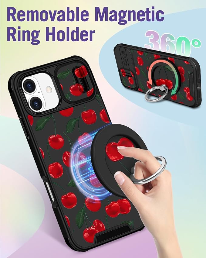 Buleens for iPhone 16 Plus Case 6.7 Inch - with Ring Stand & Camera Cover Aesthetic Cute Designed for Women Girls Girly Pretty Kawaii Cherry Phone Case for iPhone 16 Plus Compatible with Magsafe - Image 5