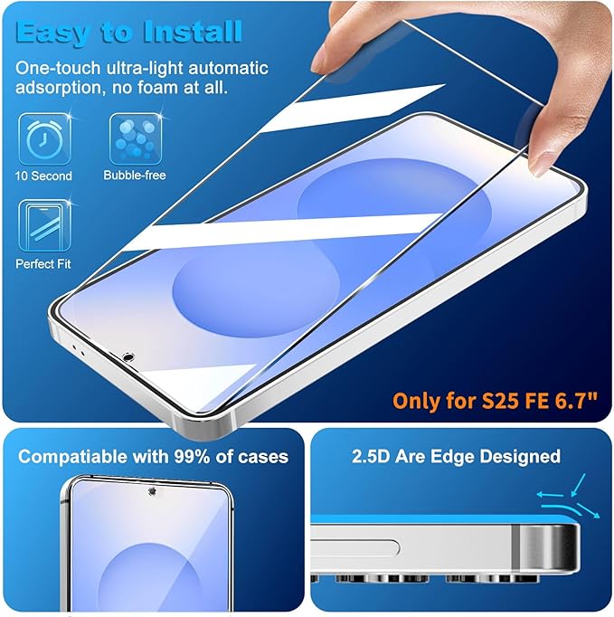 firtstnow 3 Pack for Samsung Galaxy S25 FE Screen Protector Tempered Glass + 3 Pack Camera Lens Protector, Military Grade Shatterproof, 9H Hardness, Fingerprint Unlock, Case Friendly 6.7 Inch - Image 4
