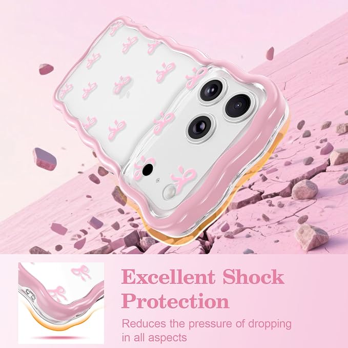QLTYPRI for iPhone 17 Pro Max Pink Bow Case, Clear Cute Pink Ribbon Bow Phone Case Curly Wavy Aesthetic Phone Cover, Soft Slim Transparent TPU Shockproof Protective Cover for Women Girls - Tiny Bow - Image 4