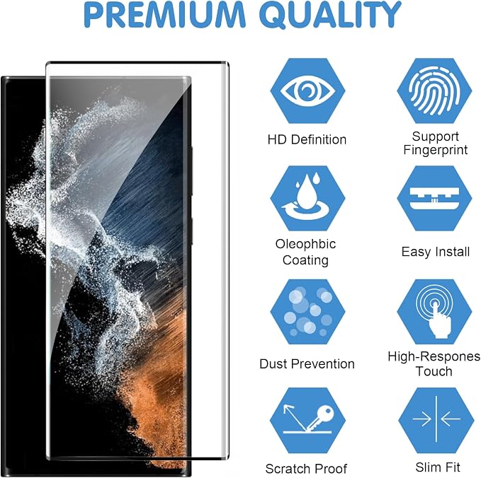 Samcorn 3 Pack Galaxy S22 Ultra Screen Protector, HD Clear Tempered Glass, Fingerprint Unlock, 3D Curved, Scratch Resistant, No Bubble for Samsung Galaxy S22 Ultra 5G Glass Screen Protector - Image 2