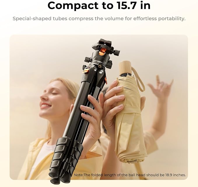K&F CONCEPT 63" Aluminum Travel Tripod for Camera/Phone | 2.6lb Compact with Arca Ball Head, 22lb Max Load Heavy Duty for DSLR/Mirrorless/iPhone Video, A305A1+BH-40 - Image 2