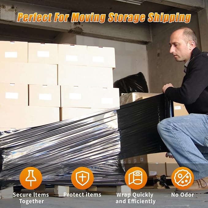 Black Stretch Film Shrink Wrap for Moving Supplies (18inch, 4 Pack) x 1000ft, Industrial Strength Plastic Wrap Stretch Roll for Pallet Wrapping Shipping Moving Boxes Storage Furniture with Handles - Image 5