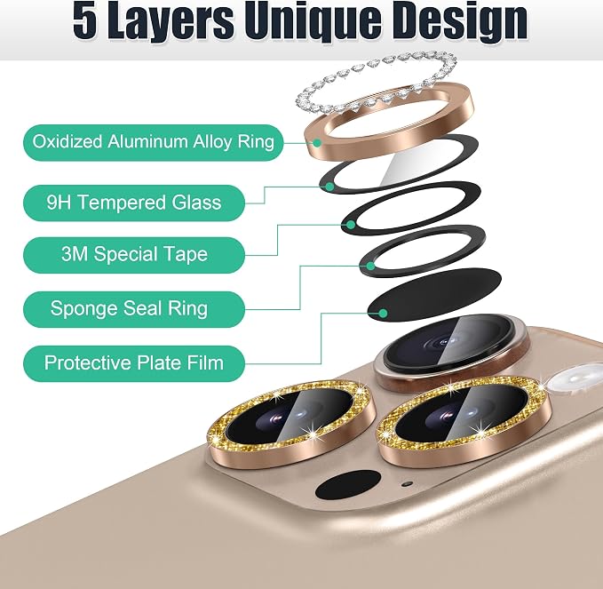 AGVEE 3+3 6 Pack for iPhone 16 Pro & Max Camera Lens Protector Cover | Individual Bling Diamond & Bling Glitter Sparkle Cute Gem Metal Ring, 9H Tempered HD Glass - Image 7