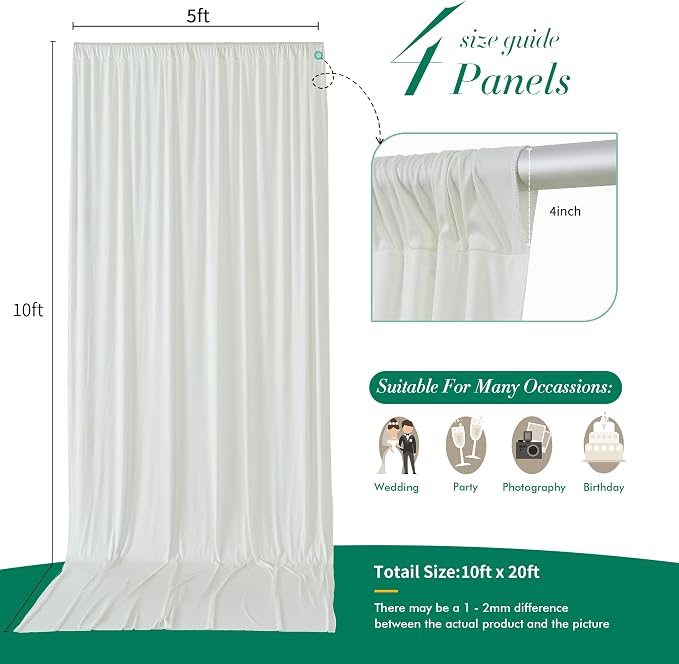 20 ft x 10 ft Wrinkle Free Ivory Backdrop Curtain for Wedding Parties, Polyester Ivory Photo Backdrop Drapes 4 Panels 5x10ft for Baby Shower Photoshoot Engagement Birthday Party Photography Background - Image 5