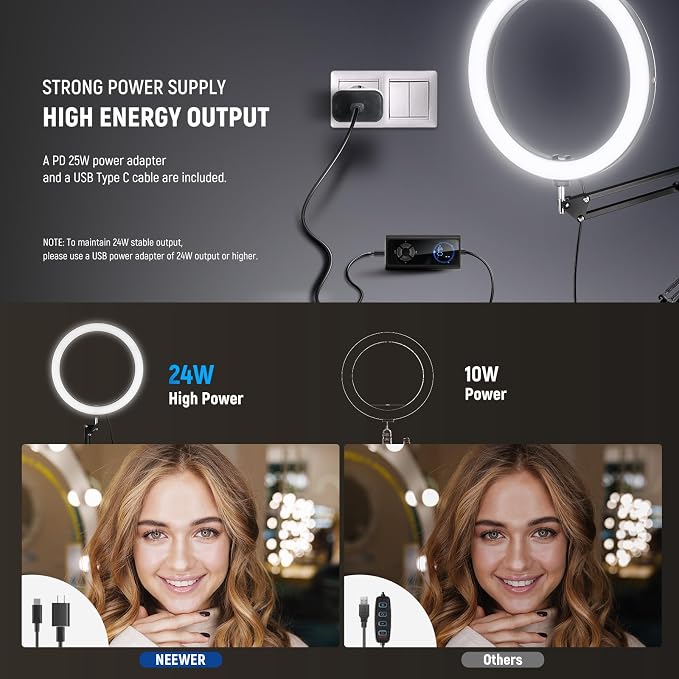 NEEWER 12" 24W High Power LED Ring Light Compatible with iPhone, 60" Overhead Folding Light Stand/Phone Holder Mount for Video Recording Selfie Makeup Streaming,2900-7000K USB C PD Input CRI97+,RH12B - Image 3