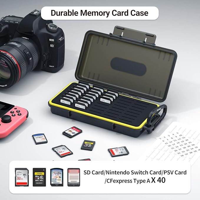 Kiorafoto 40 Slot SD Card Holder for Camera Memory Cards PSV Switch Cards | Large Capacity,Water-Resistant Memory Card Case,for 40 SD SDHC SDXC Cfexpress TypeA PS Vita Switch Cards,w Labels & Carabiner - Image 2