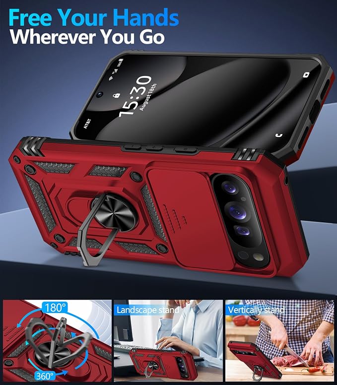 Taisairu for Google Pixel 10 Case/Pixel 10 Pro Case with Screen Protector & Slide Camera Lens Cover,Built-in Ring Stand Protective Phone Case for Pixel 10 Case/Google Pixel 10 Pro Case (Red) - Image 3