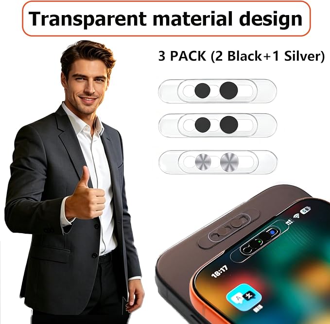3 Pack Ultra Thin Front Camera Privacy Cover for iPhone | For iPhone 14/15/16/17 Pro Pro Max, thin clear adhesive slider, full Face ID access, anti-spy anti-scratch, 2 Black 1 Silver - Image 2