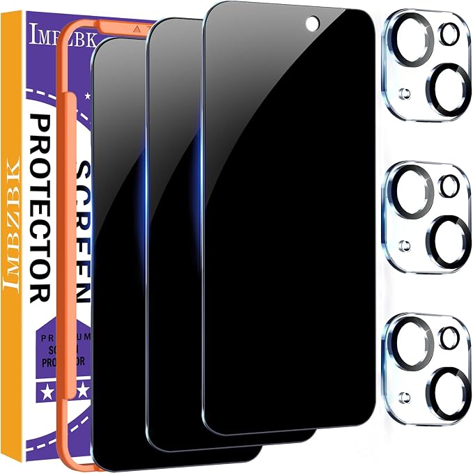 IMBZBK 3 Pack Privacy Screen Protector for iPhone 15 Plus, Tempered Glass | 9H+ Hardness, Military Grade Shatterproof, Case Friendly, Bubble Free Easy Installation Frame, with 3 Camera Lens Protectors by IMBZBK