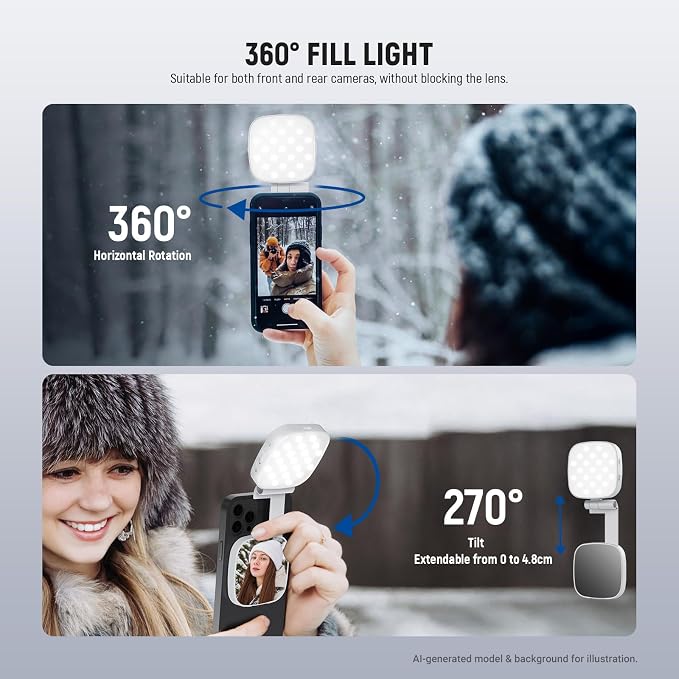 NEEWER Basics Magnetic Selfie Light Compatible with MagSafe iPhone, 2W CRI95+ Bi Color Swivel Small LED Phone Fill Lighting, 680lx/0.3m, Mirror for Vlog Recording Makeup Video Conference, NL45B White - Image 5
