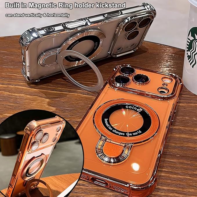 For iPhone 17 Pro Max Clear Case with Magnetic Ring Stand, [Compatible with MagSafe] Shockproof Kickstand Plating Soft Case Camera Lens Protector Girls Phone Cover for 17 Pro Max 6.9", Silver - Image 2