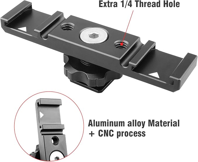 Chromlives Hot Shoe Mount Bracket Dual Hot Shoe Extension Bar Aluminum Mounting Plate Adapter Double Extension Shoe for LED Video Light Screens - Image 4