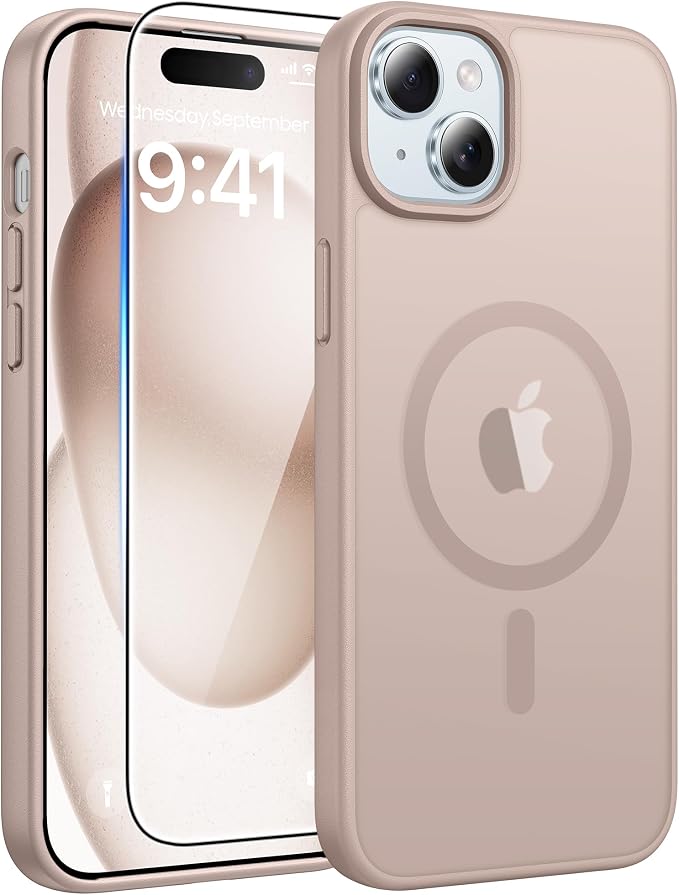 FNTCASE for iPhone 15/14/13 Case, Fit for Magsafe, Glass Screen Protector | Translucent Matte, Magnetic Phone Cases, 14FT Military Grade Drop Protection, Slim Shockproof Protective Cover, Desert Gold by FNTCASE
