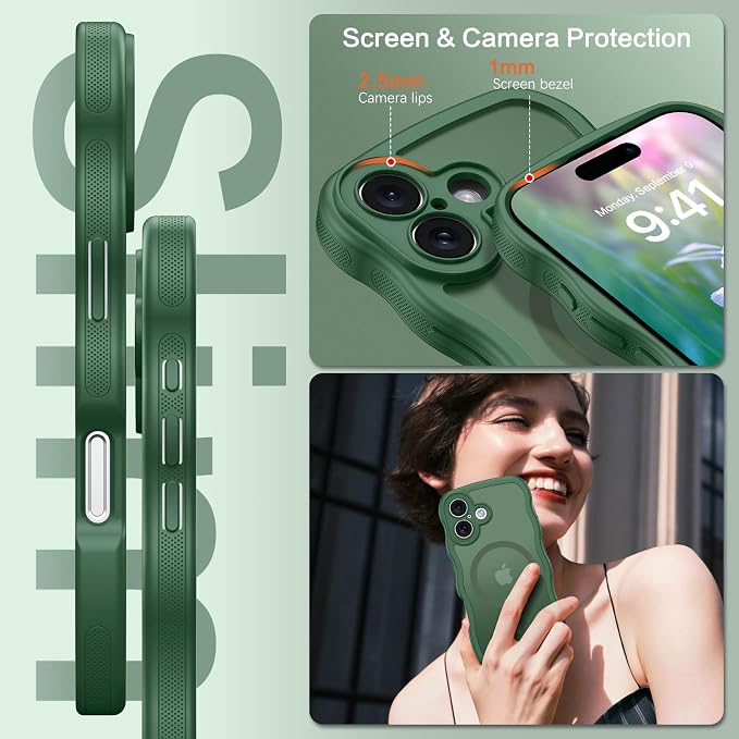 BENTOBEN Magnetic for iPhone 17 Case, Cute Wavy Full Camera Protection [Compatible with MagSafe] Translucent Matte Anti-Slip Bumper Women Girls Boys Protective Cover for 17 6.3", Deep Green - Image 5
