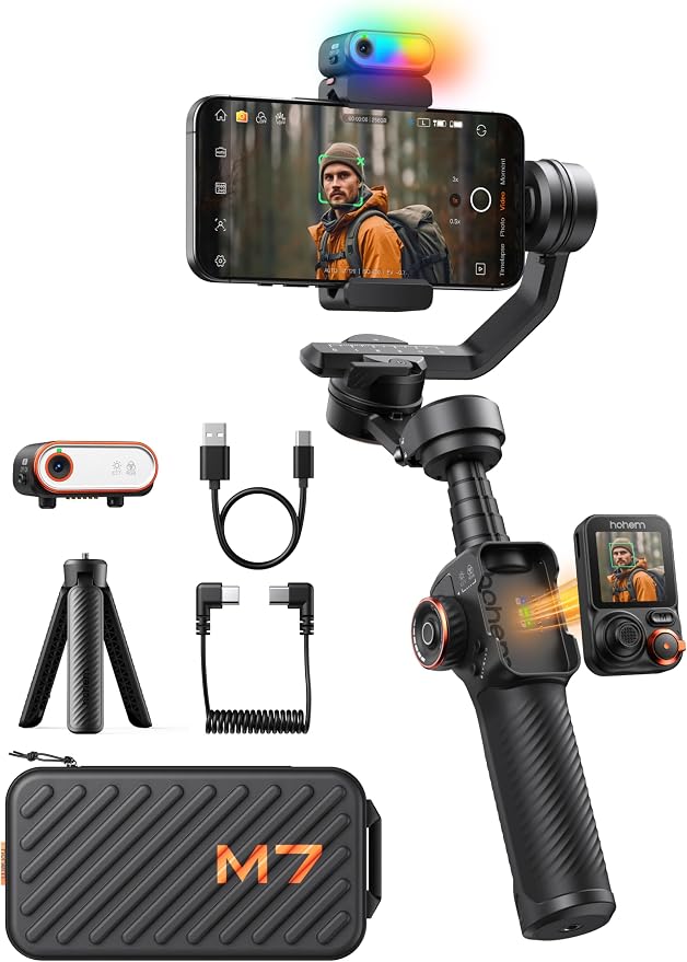 Hohem iSteady M7 Smartphone Gimbal Stabilizer, AI Tracking Sensor with Fill Light, 1.4" Full Color Detachable Touchscreen Remote Control, Built-in Extension Rod, 3-axis Phone Gimbal for iPhone Android by Hohem