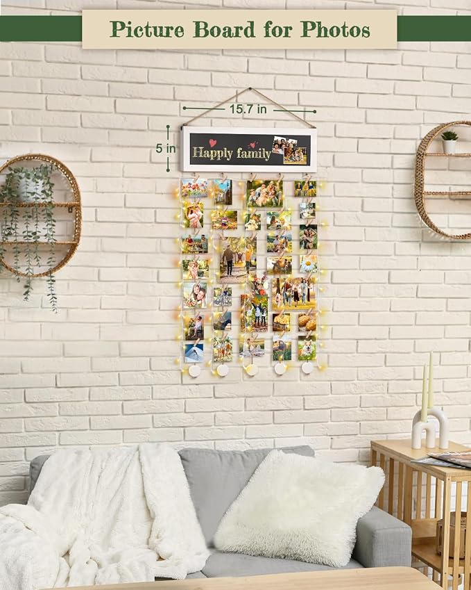 Bikoney Hanging Picture Frame Collage with Blackboard - White | Rustic Wood Polaroid Board with 30 Clips, Photo Display for Wall Decor & Dorm Room, Perfect Graduation Gift Idea - Image 3