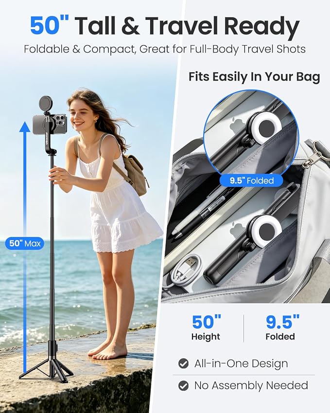 UBeesize Magnetic Selfie Stick Tripod with Dimmable Light and Rechargeable Remote, Portable Travel Phone Tripod Stand for MagSafe and Android Phones, Ideal for Vlogging, Photos, Video Recording - Image 4