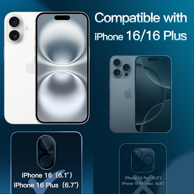 JETech Camera Lens Protector for iPhone 16/16 Plus, 3-Pack | 9H Tempered Glass, HD Clear, Anti-Scratch Protection, Night Shot Compatible, Case-Friendly - Image 2