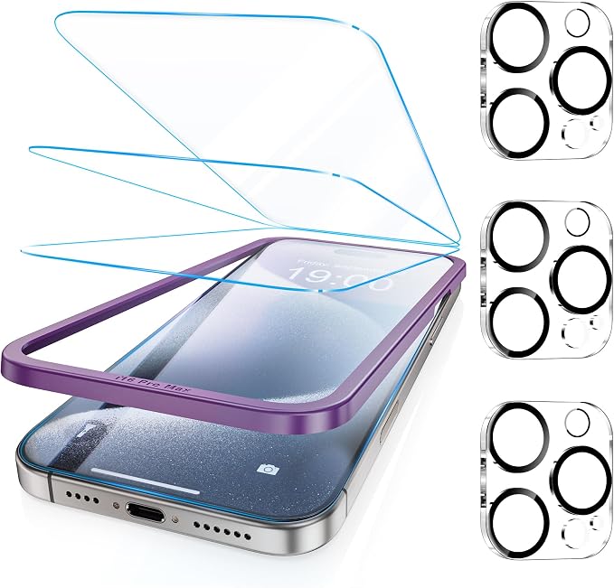 Fotbor [3+3 Pack for iPhone 15 Pro Screen Protector, Anti-Blue Light, [Eye Protection] 9H+ Tempered Glass with Camera Lens Protector by Fotbor