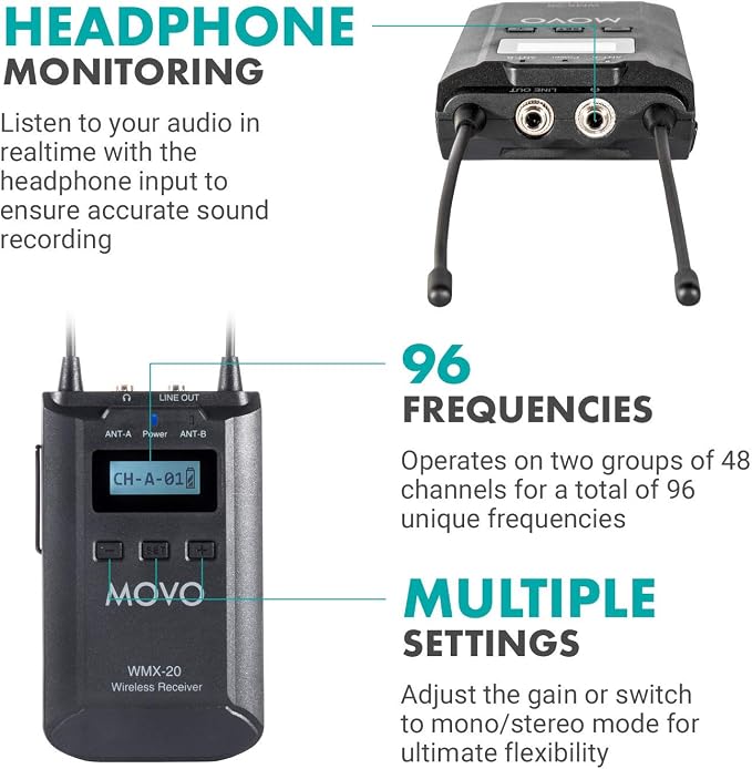 Movo WMX-20-DUO 48-Channel UHF Wireless Lavalier Microphone System with 1 Receiver, 2 Transmitters, and 2 Lapel Microphones Compatible with DSLR Cameras (330' ft Audio Range) - Image 4