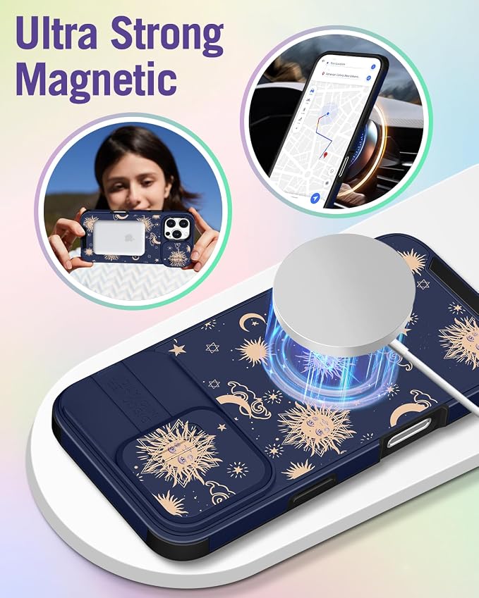 Buleens for iPhone 16 Pro Case 6.3 Inch - with Ring Stand & Camera Cover Aesthetic Cute Designed for Women Girls Girly Kawaii Sun Moon Stars Unique Phone Case for iPhone 16 Pro Compatible with Magsafe - Image 4