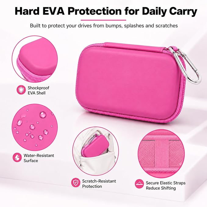 Comecase Dual SSD Case for SanDisk Extreme Portable SSD and Extreme PRO | Holds 2 Drives & 12 SD Cards, Elastic Strap Fit 500GB/1TB/2TB/4TB/8TB, Cable Groove & Carabiner for Travel,Rose Red, Box Only - Image 5