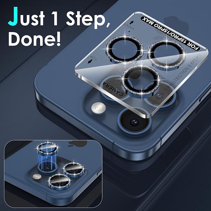 YWXTW Designed for iPhone 15 Pro/iPhone 15 Pro Max Camera Lens Protector Bling, [New Glitter Design] Individual Metal Tempered Glass Camera Cover Accessories Case Friendly (Blue Titanium Glitter) - Image 4