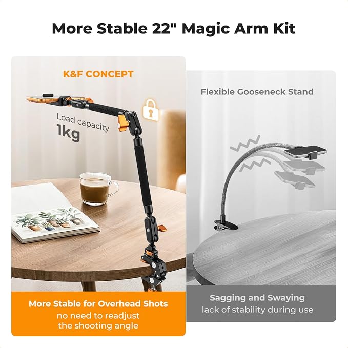 K&F CONCEPT 22" Magic Arm Clamp Kit, Overhead Desk Camera Mount, Long Articulating Friction Boom Arm for Phone, Action Camera, LED Light, Microphone | Long Articulating Friction Boom Arm for Phone, Action Camera, LED Light, Microphone, MS63 - Image 7