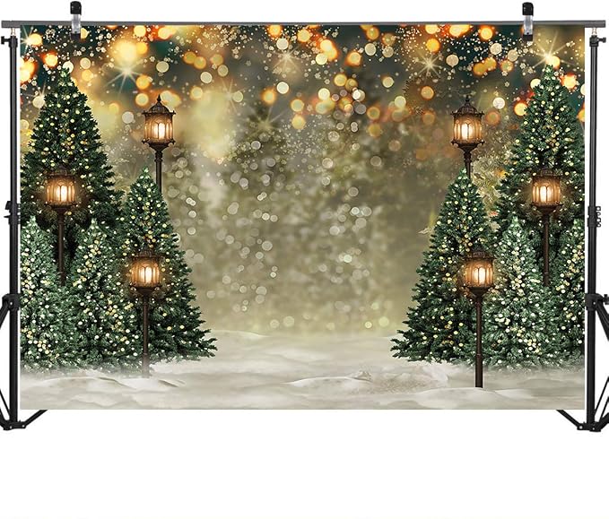 Mocsicka 7x5ft Winter Christmas Backdrop for Photography Christmas Glitter Bokeh Green Pine Tree Lamps Photo Backdrop Xmas Family Pictures for Kids Newborn Photography Background - Image 4