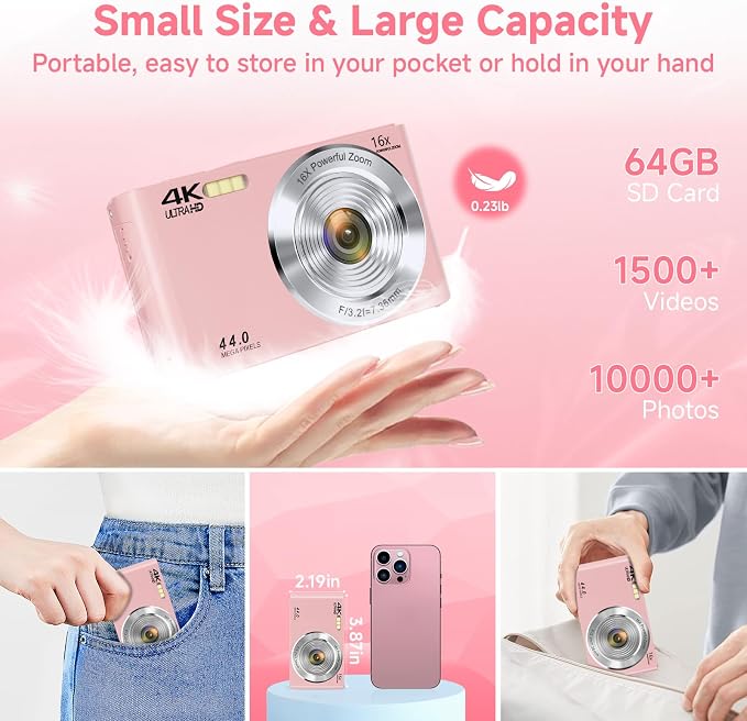 Digital Camera, FHD 4K Autofocus Digital Camera Pink with 64GB SD Card 16X Zoom, 2026 Upgraded Compact Cameras for Photography Point and Shoot Small Camera for Teen Boys Girls Kids Travel Adventures - Image 5