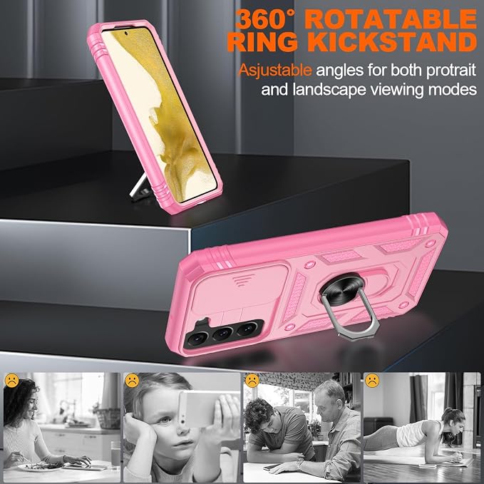 Gritup for Samsung Galaxy S22 Case with Slide Camera Cover & Screen Protector*2, 360 Rotating Ring Kickstand, Military Grade Protective Case for S22 Phone, Pink - Image 8