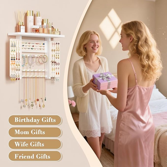 Emfogo Jewelry Organizer Hanging Wall Mounted Jewelry Holder, 5-in-1 Large Capacity Necklace Organizer Wall Hanging Jewelry Display for Ring, Necklaces, Bracelets, Earrings (White) - Image 6