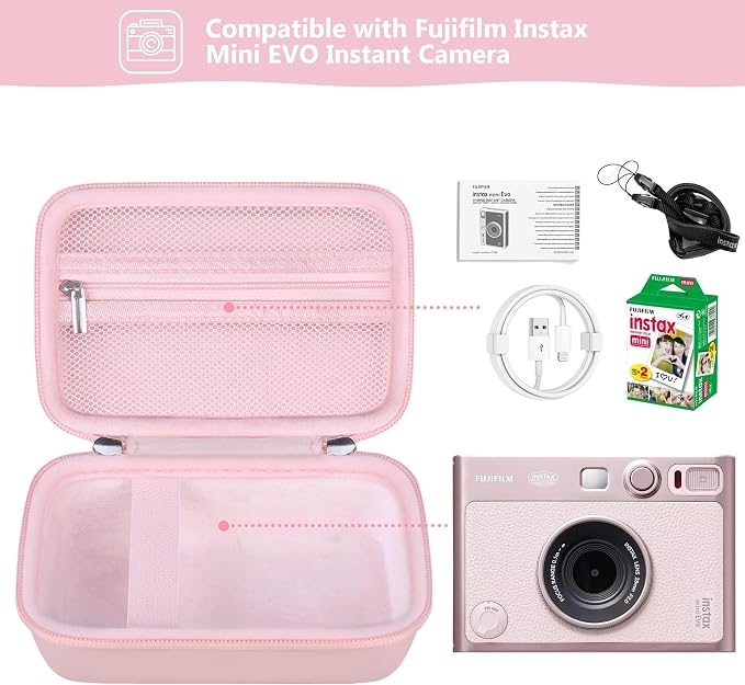 Carrying Case Compatible with Fujifilm Instax Mini EVO Instant Camera, INSTAX MINI EVO Camera Storage Holder Travel Bag with Mesh Pocket for Photos, USB Cables, Film, Pink - Image 2