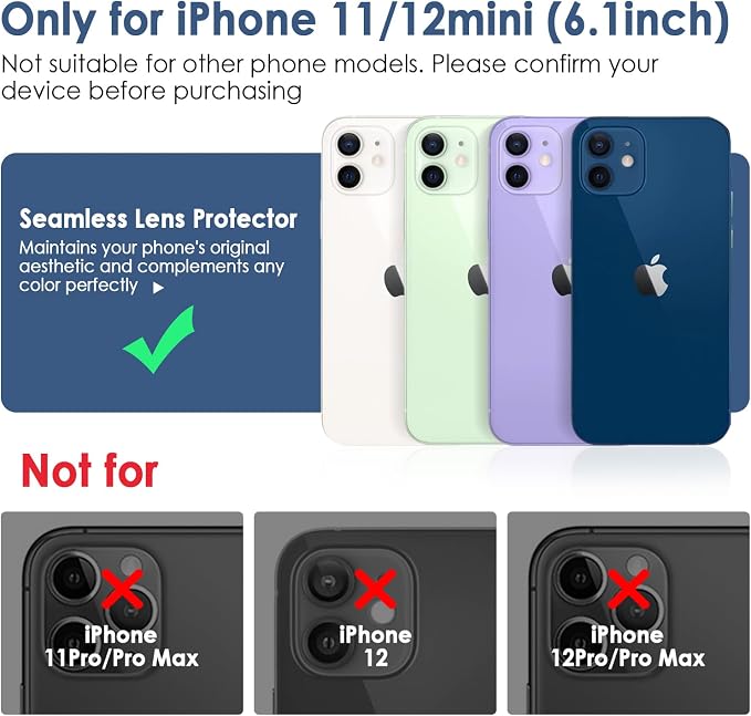 FanTEK Camera Lens Protector Compatible with iPhone 11/12 Mini, 9H Tempered Glass Camera Screen Cover, Ultra HD Clear Acrylic Full Coverage Guard, Case Friendly - Image 2