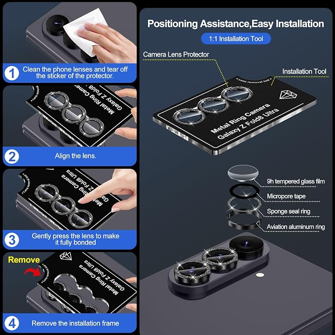 for Samsung Galaxy Z Fold 8 Ultra Camera Lens Protector, Individual Metal Ring Tempered Glass Lens Cover, [Strong Adsorption] Scratch Resistant Ultra-Thin HD Clear Lens Cover, 1 Set-Black Sparkly - Image 7