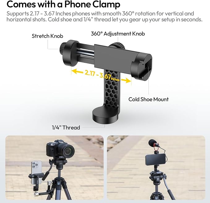 ULANZI Ombra Xiang Ⅱ Camera Video Tripod w Fluid Head, 61.5" Travel Tripod w 360° Rotated Arca Quick Release Plate, Portable Stand for Phone Camera Vlogging Video Shooting with Carry Bag Phone Clamp - Image 6