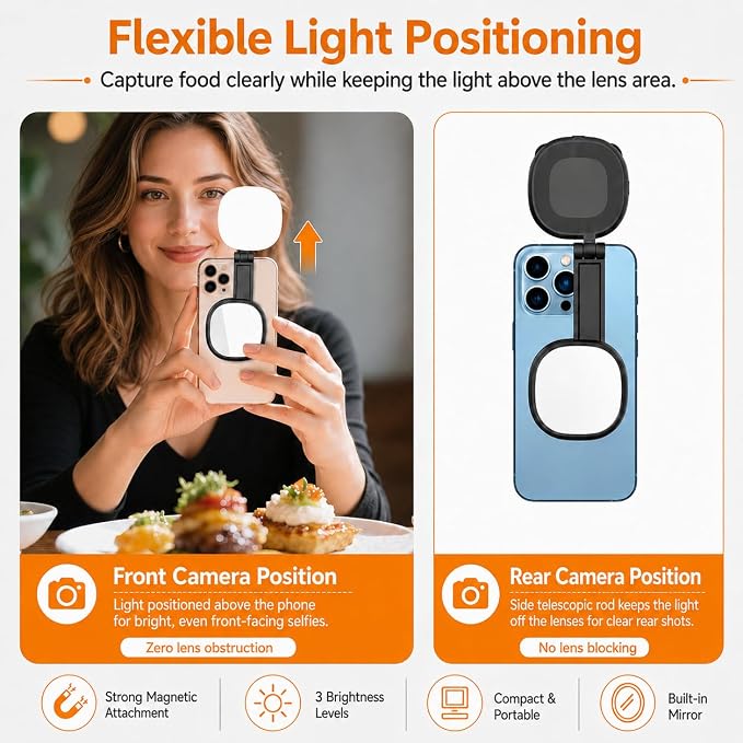 Magnetic Selfie Light Compatible with MagSafe, Foldable LED Phone Light with Mirror, 72 LEDs Stepless Brightness & Color Temperature, 360° Rotating Fill Light for Selfies, Makeup, TikTok, Zoom - Image 6