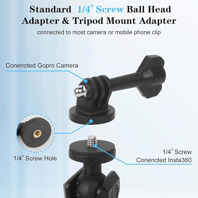 Camera Mount with 360°Dual Ball Head, Motorcycle Handlebar Mounting Bundle Kit for lnsta360 X5/X4/X3/X2/Gopr01/4-20 & Tripod Adapter, Action Camera Mount Adapter for M6 Hole Base,75017 - Image 2