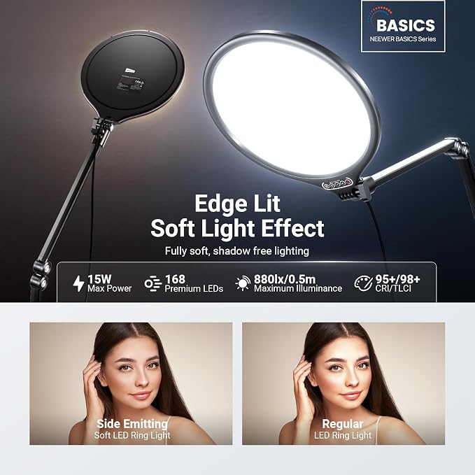NEEWER Basics 10.5" Streaming Key Lighting, 3000-6500K 15W Full Screen LED Panel Ring Light with Adjustable Arm Stand Desk Clamp Timer for Laptop Computer Video Conference Zoom Makeup, R10 - Image 2